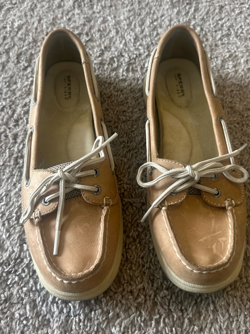 Sperry Women’s Tan Leather Boat Shoes with Ivory Laces